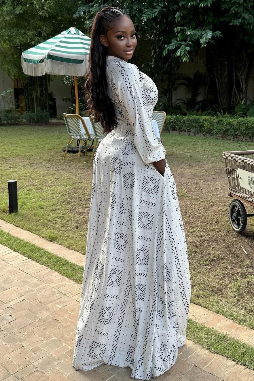 Stand-Collar Button-Front Maxi Dress
