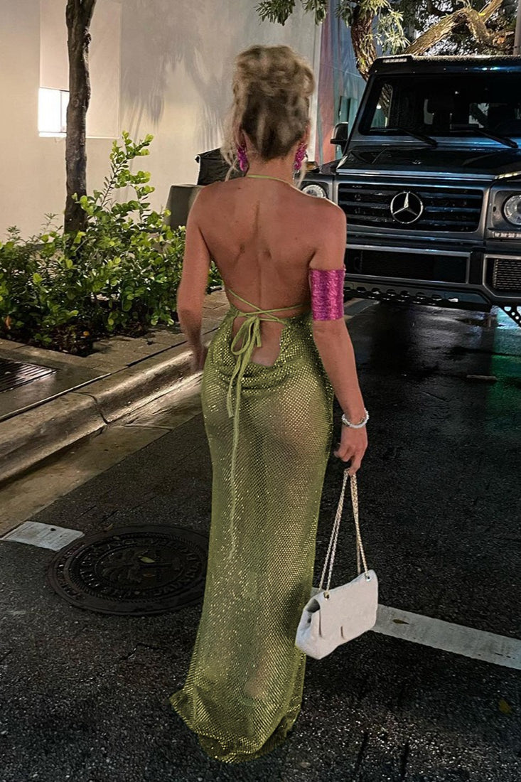 Halter Ruched Cutout-Back Bodycon Maxi Dress