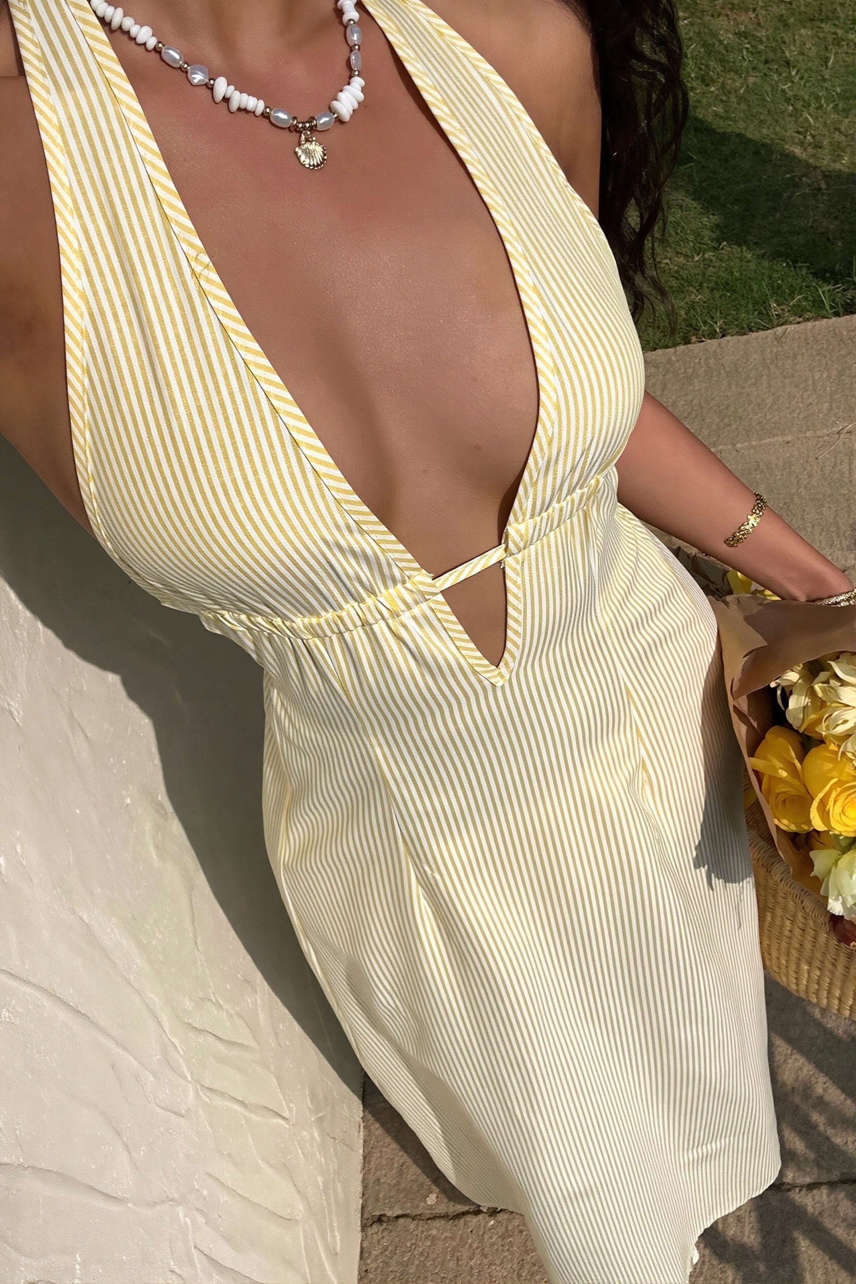 Stripe Halter Lace-Up Backless Maxi Dress
