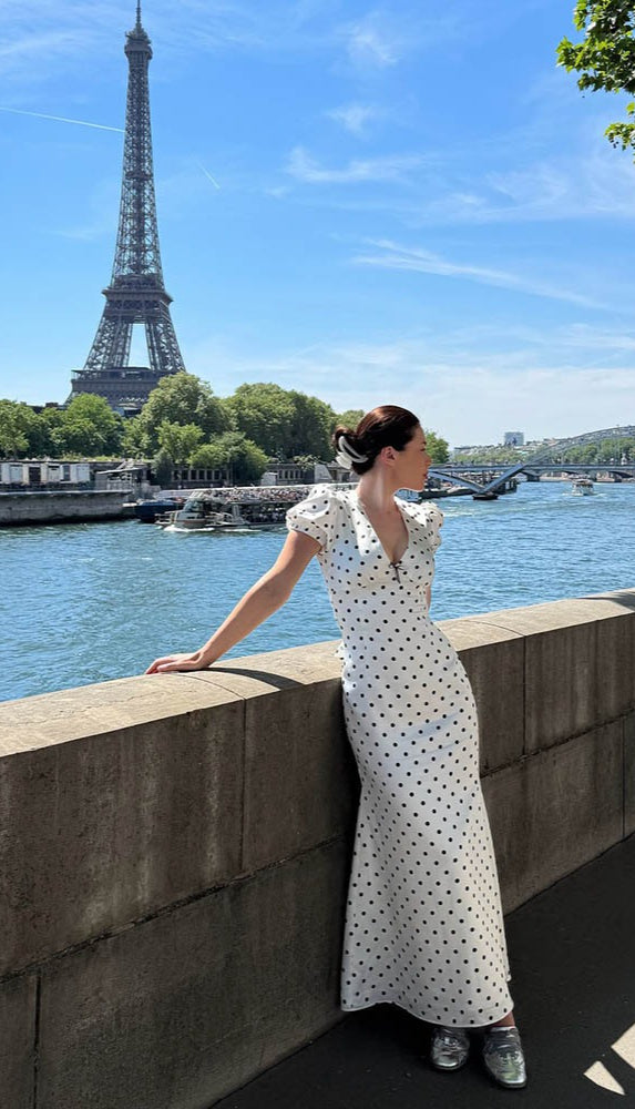 French Polka Dot V-Neck Bodycon Maxi Dress