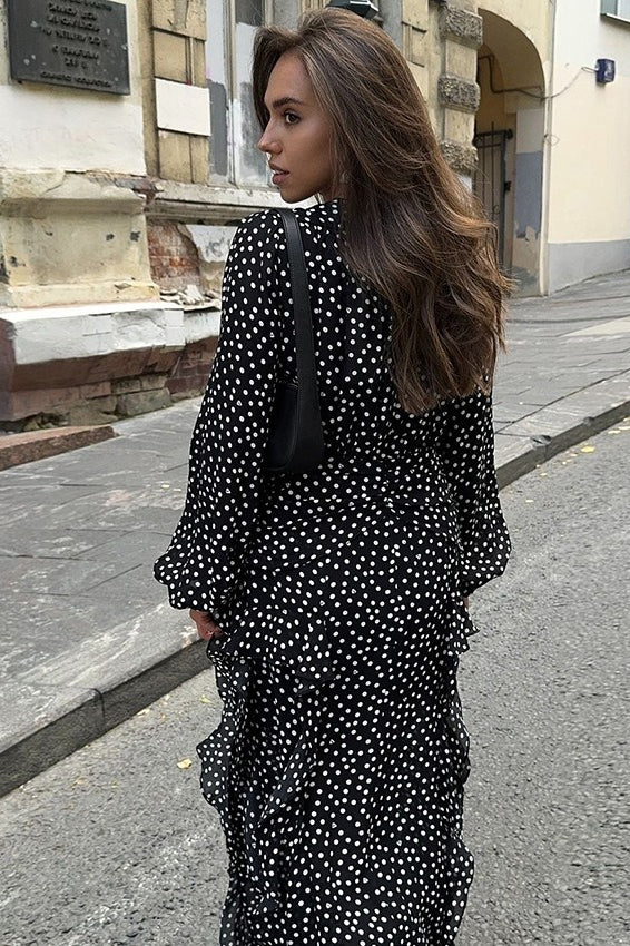 Polka Dot Puff-Sleeve A-Line Maxi Dress
