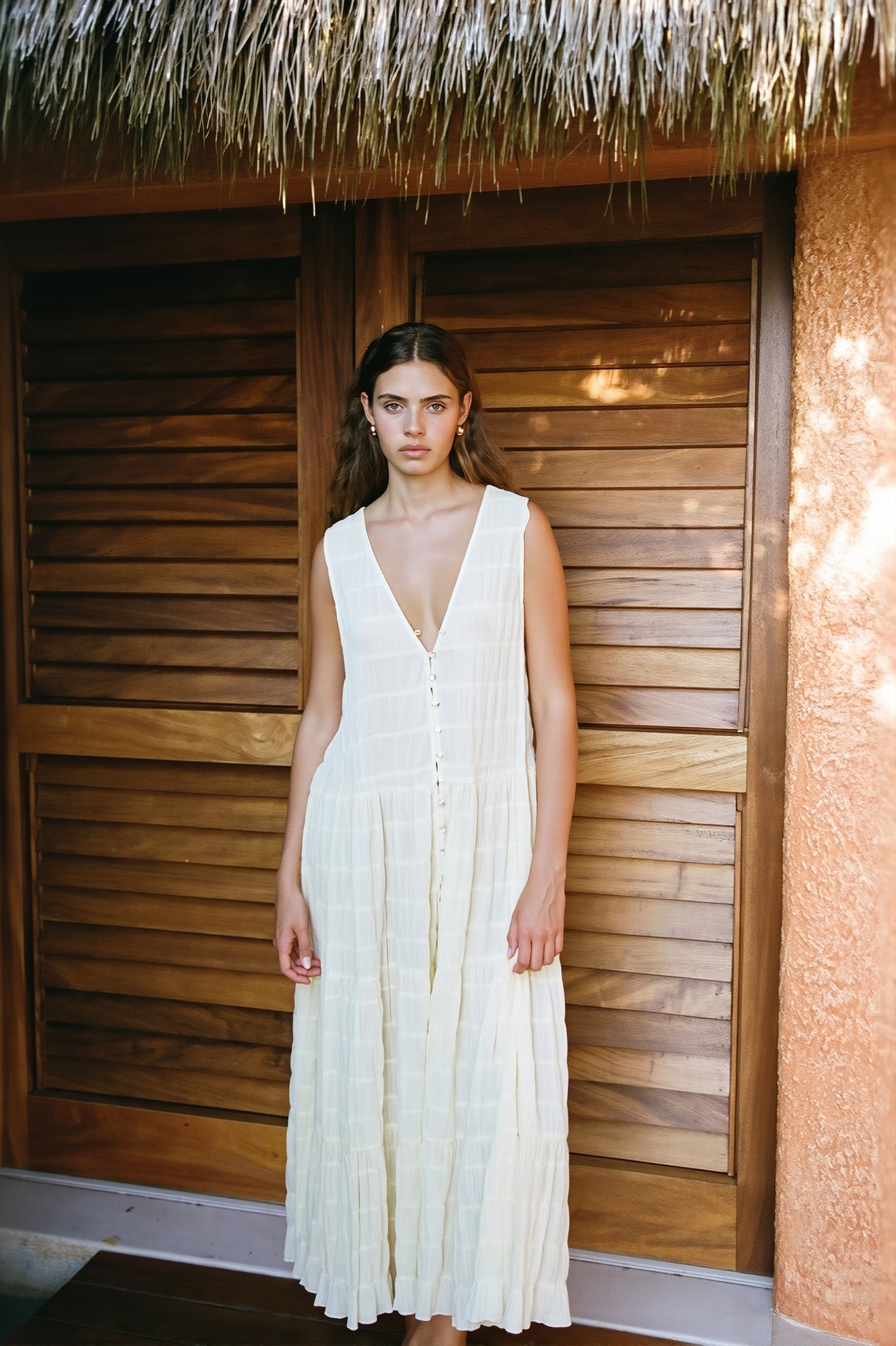 Chiffon V-Neck Button Swing Maxi Dress