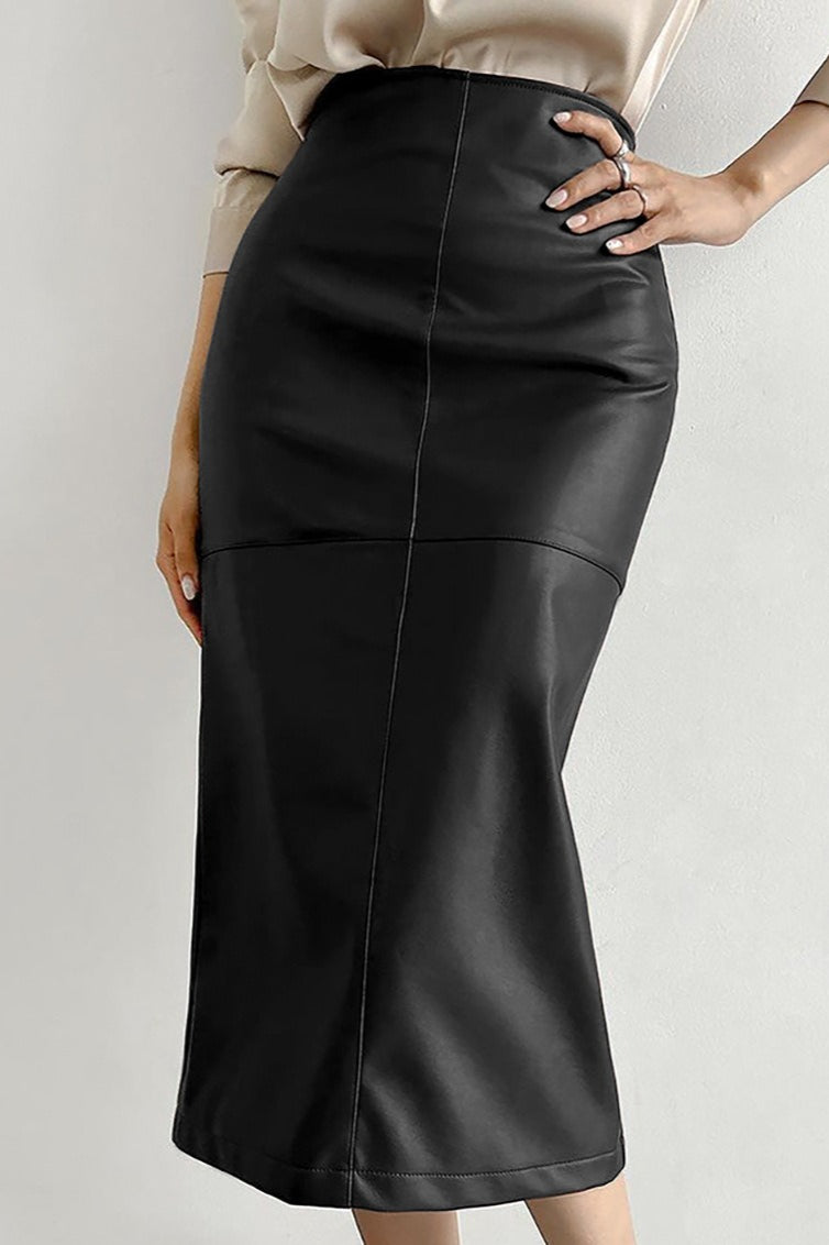 Faux Leather Side-Split Slim-Fit Midi Skirt