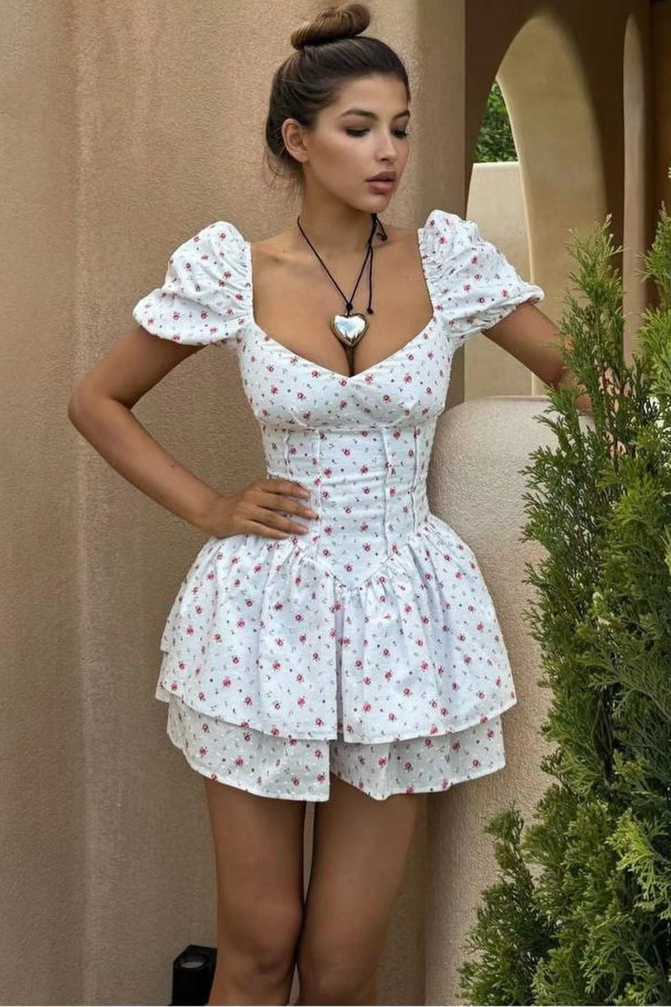 Tie-Waist Tiered-Ruffle Puff-Sleeve Mini Dress