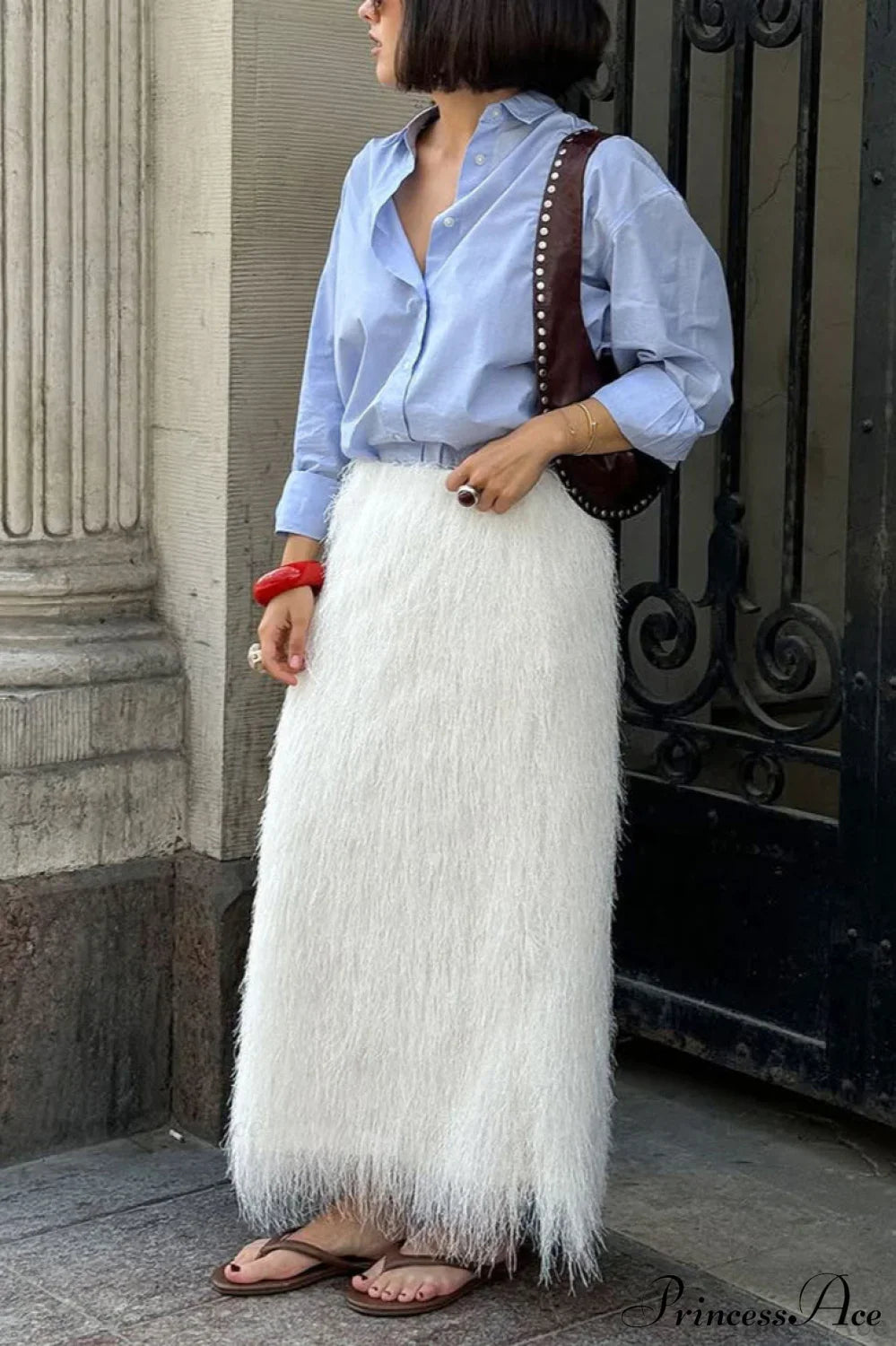 Fringe High-Waist A-Line Midi Skirt