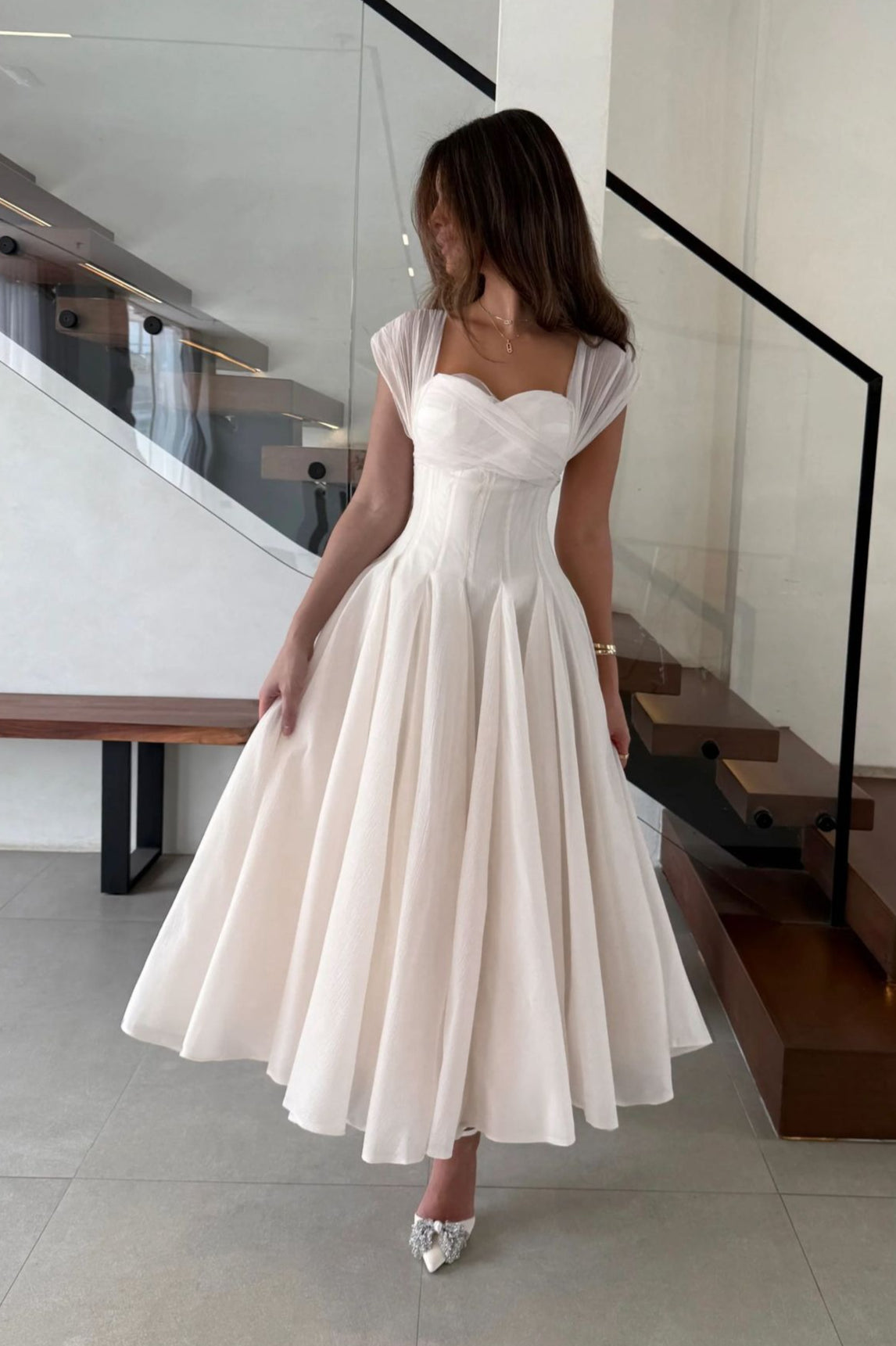 Mesh-Waist Flared Prom Dress