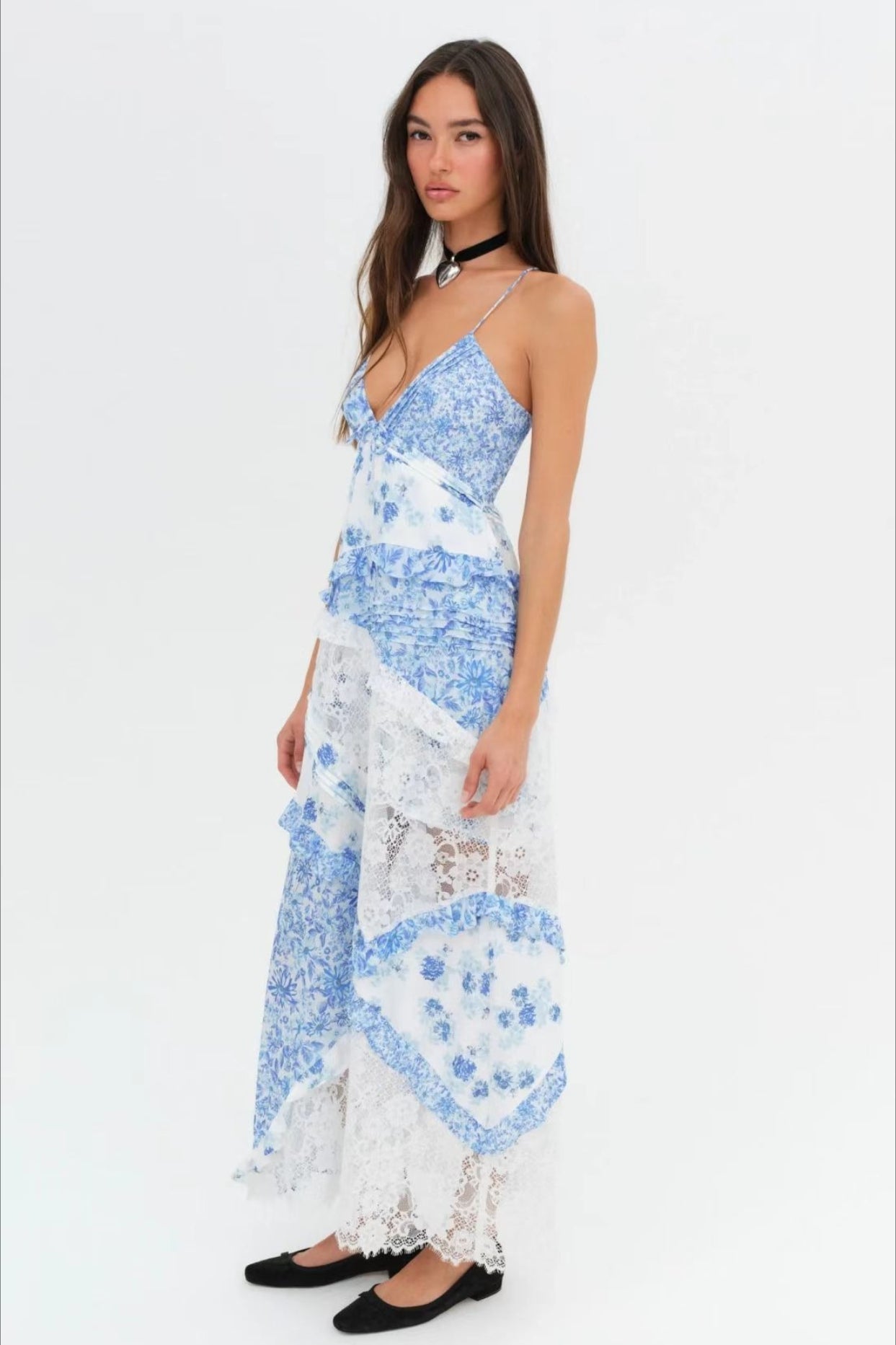 Floral Lace-Patchwork Ruffle Cami Maxi Dress