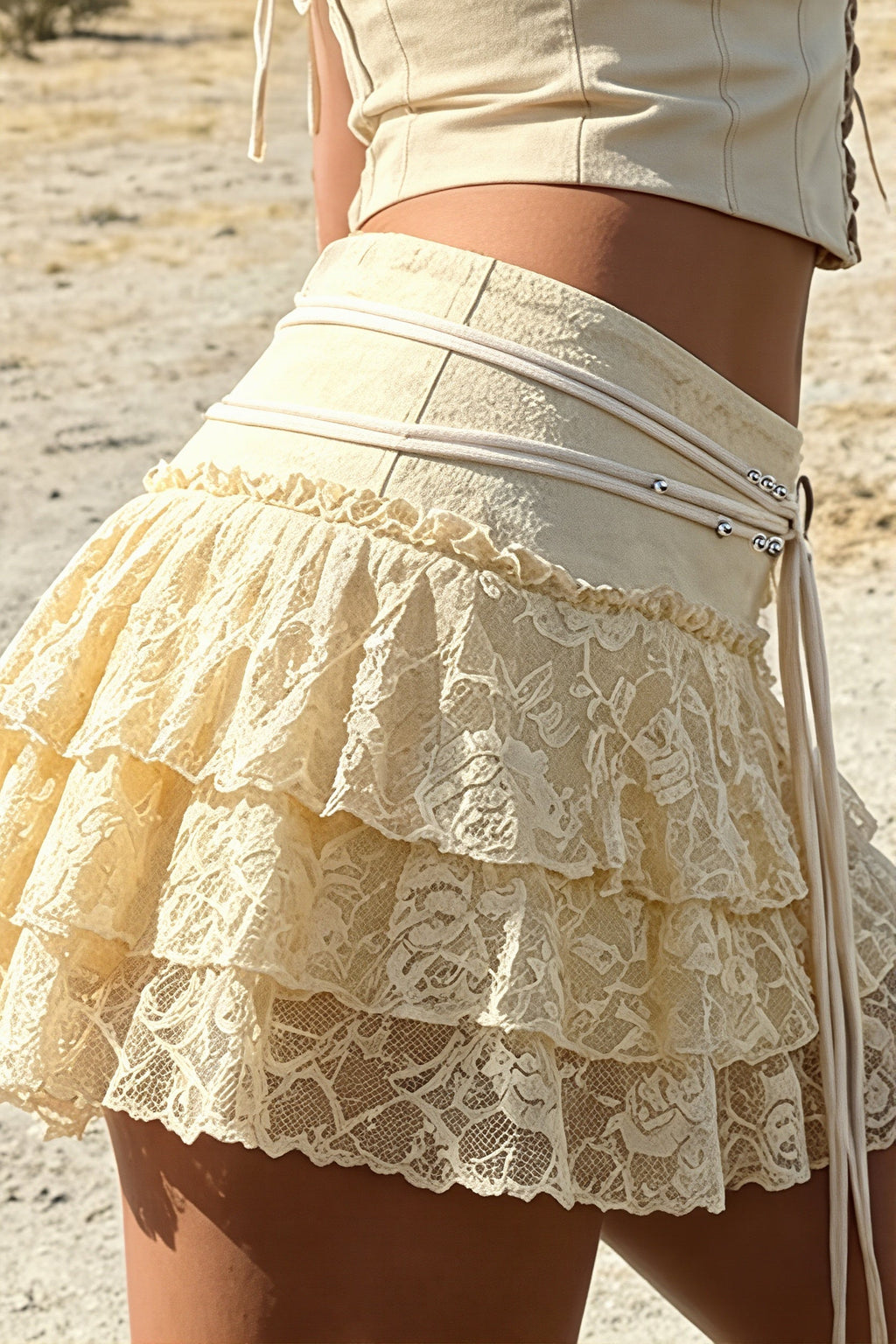 Lace Drawstring Tiered Mini Skirt
