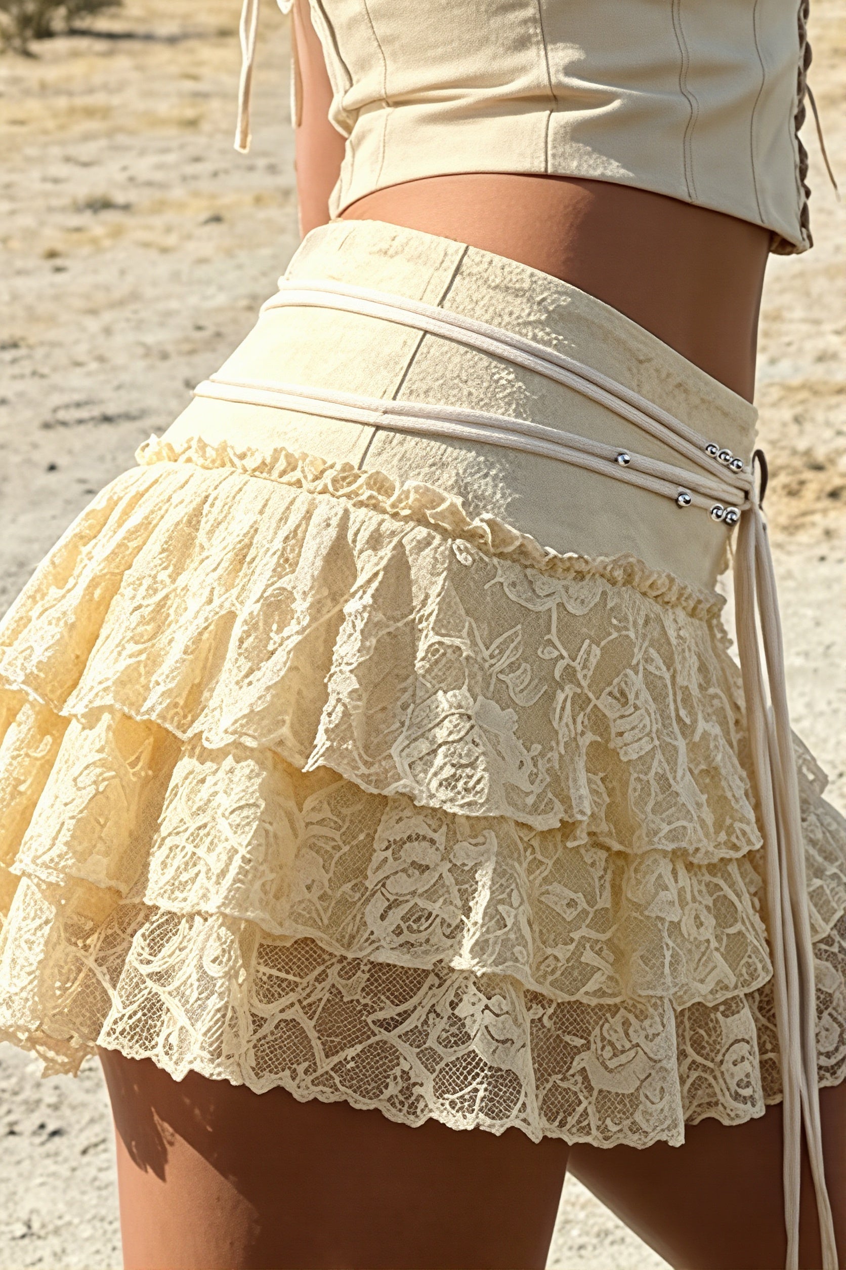Lace Drawstring Tiered Mini Skirt