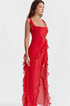 Ribbon Ruffle-Splice Slit Maxi Dress