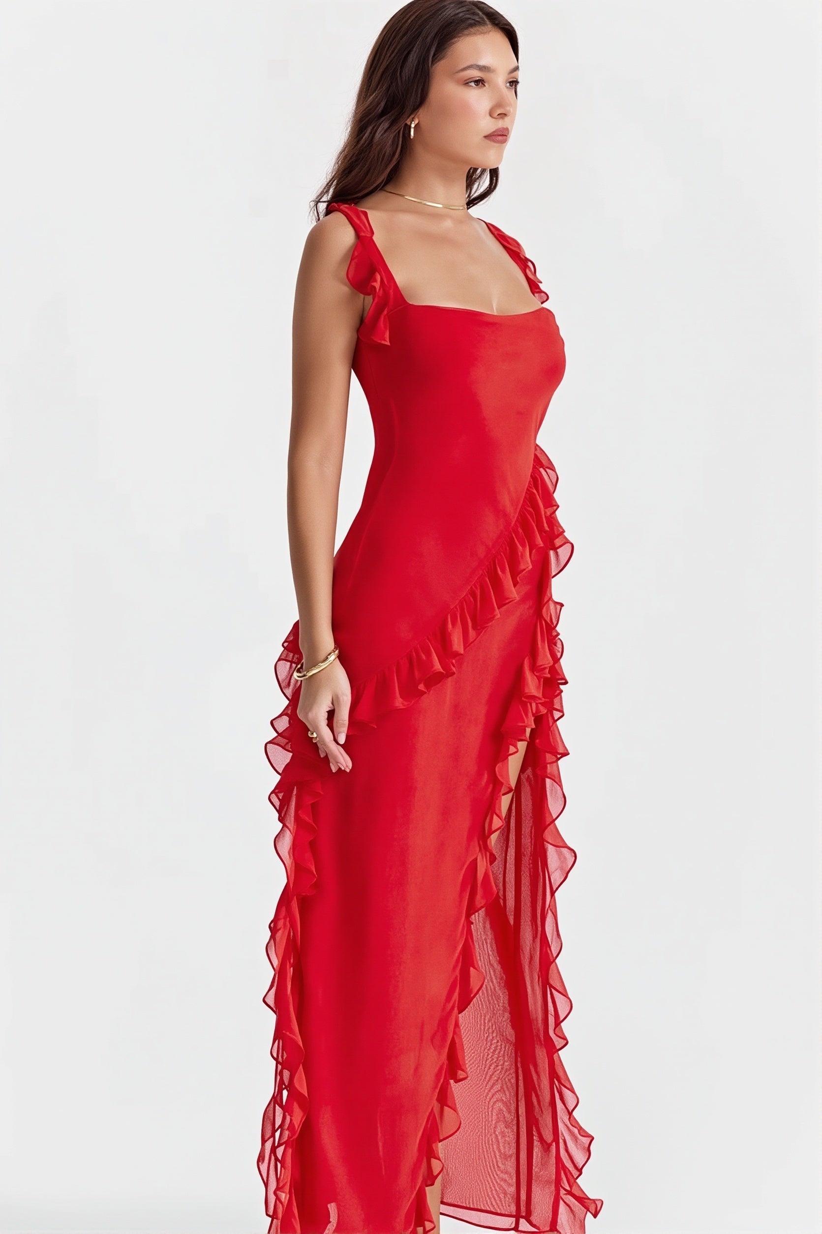 Ribbon Ruffle-Splice Slit Maxi Dress