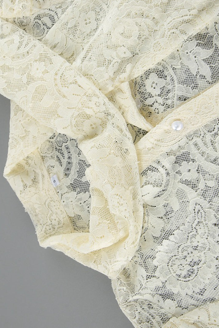 Sheer Lace Tie Long-Sleeve Blouse