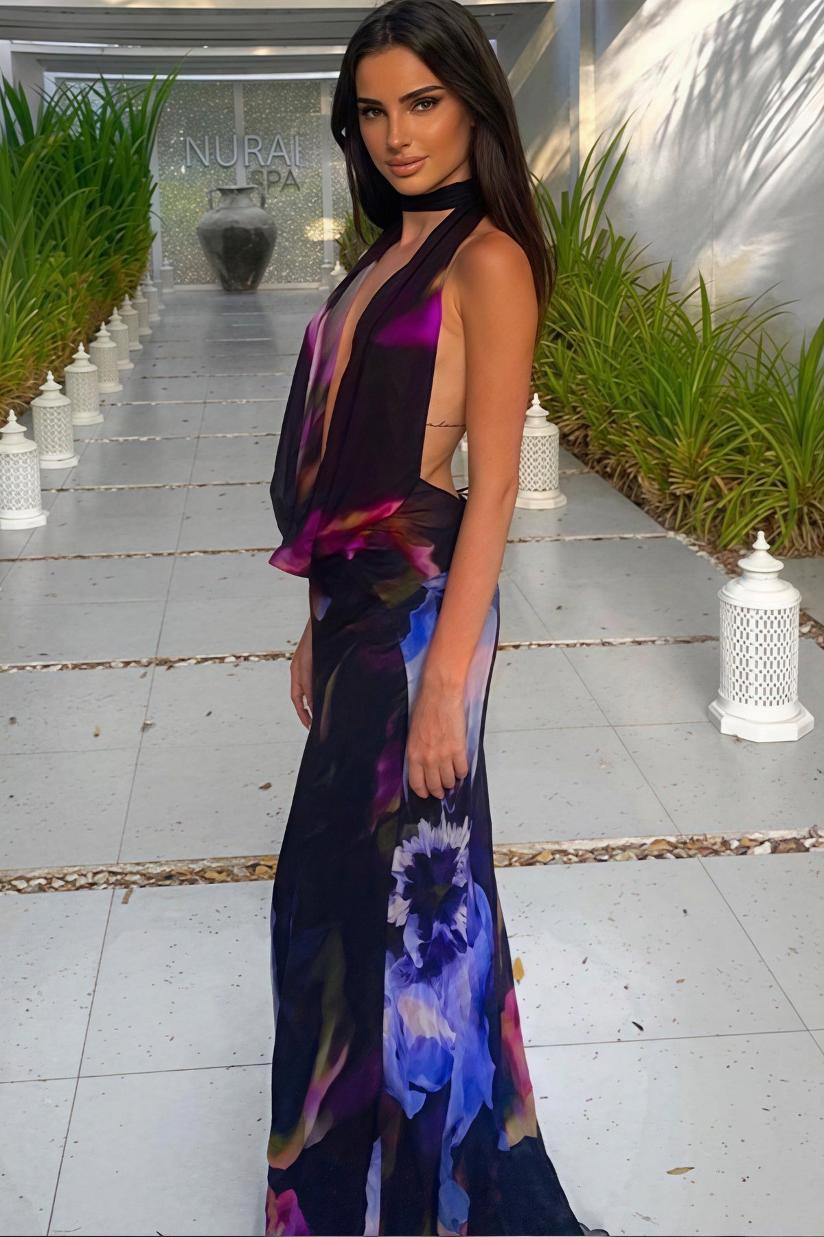 Digital Print Cowl-Neck Vacation Maxi Dress