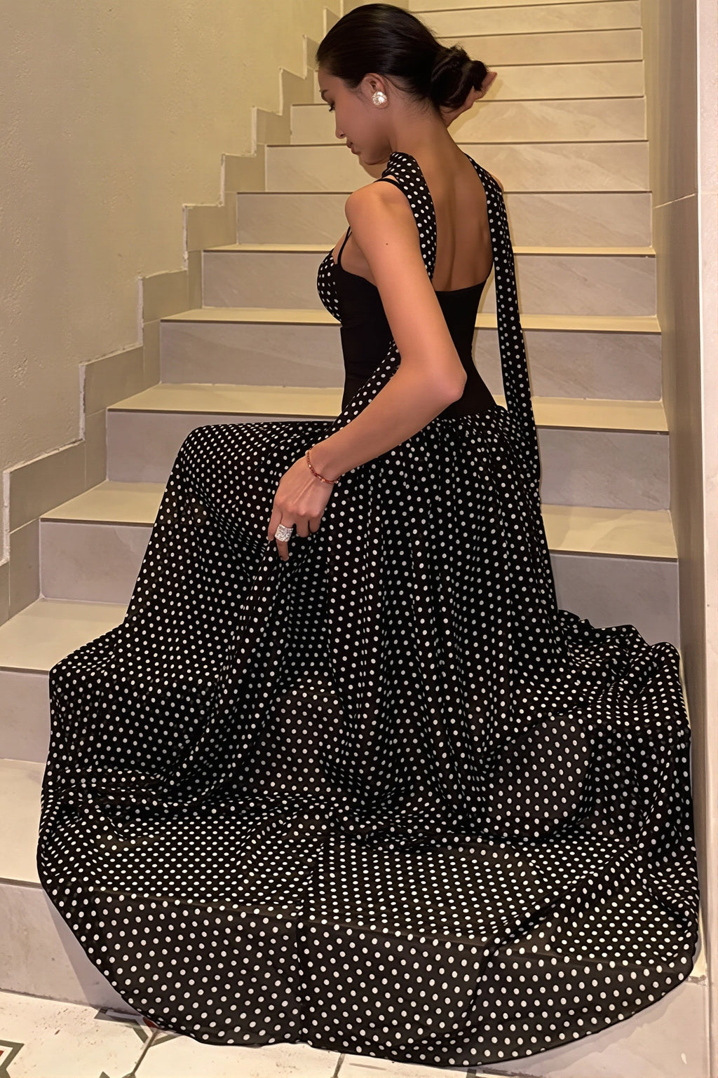 Strapless Dot-Print Ribbon Maxi Dress