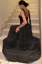 Strapless Dot-Print Ribbon Maxi Dress