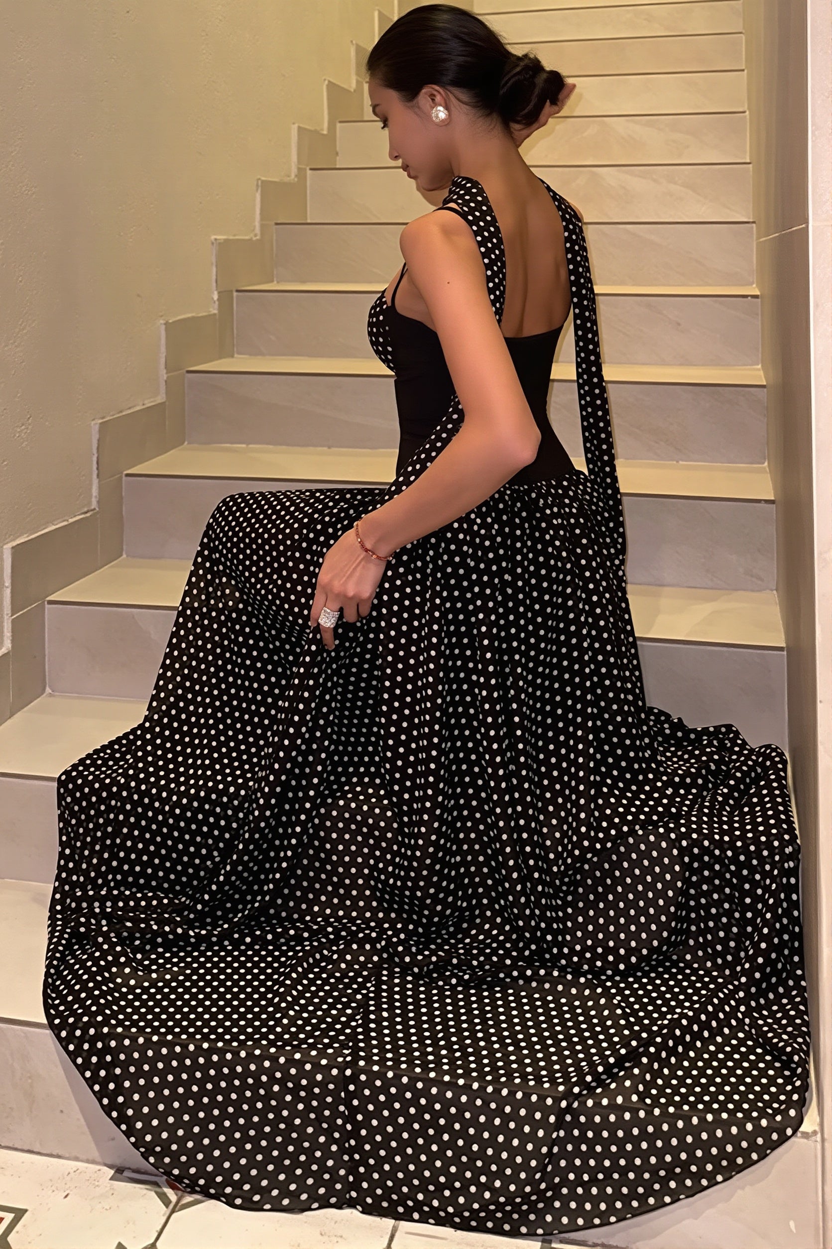 Strapless Dot-Print Ribbon Maxi Dress