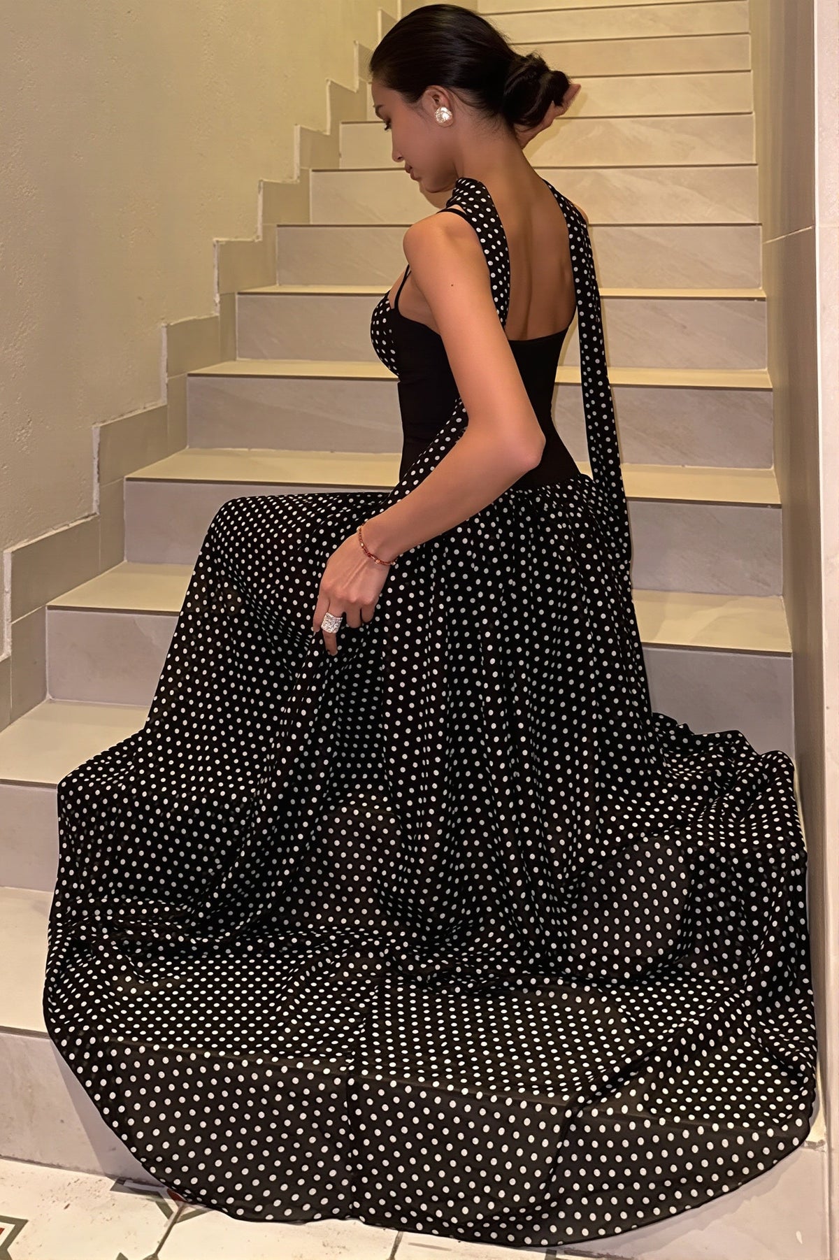 Strapless Dot-Print Ribbon Maxi Dress