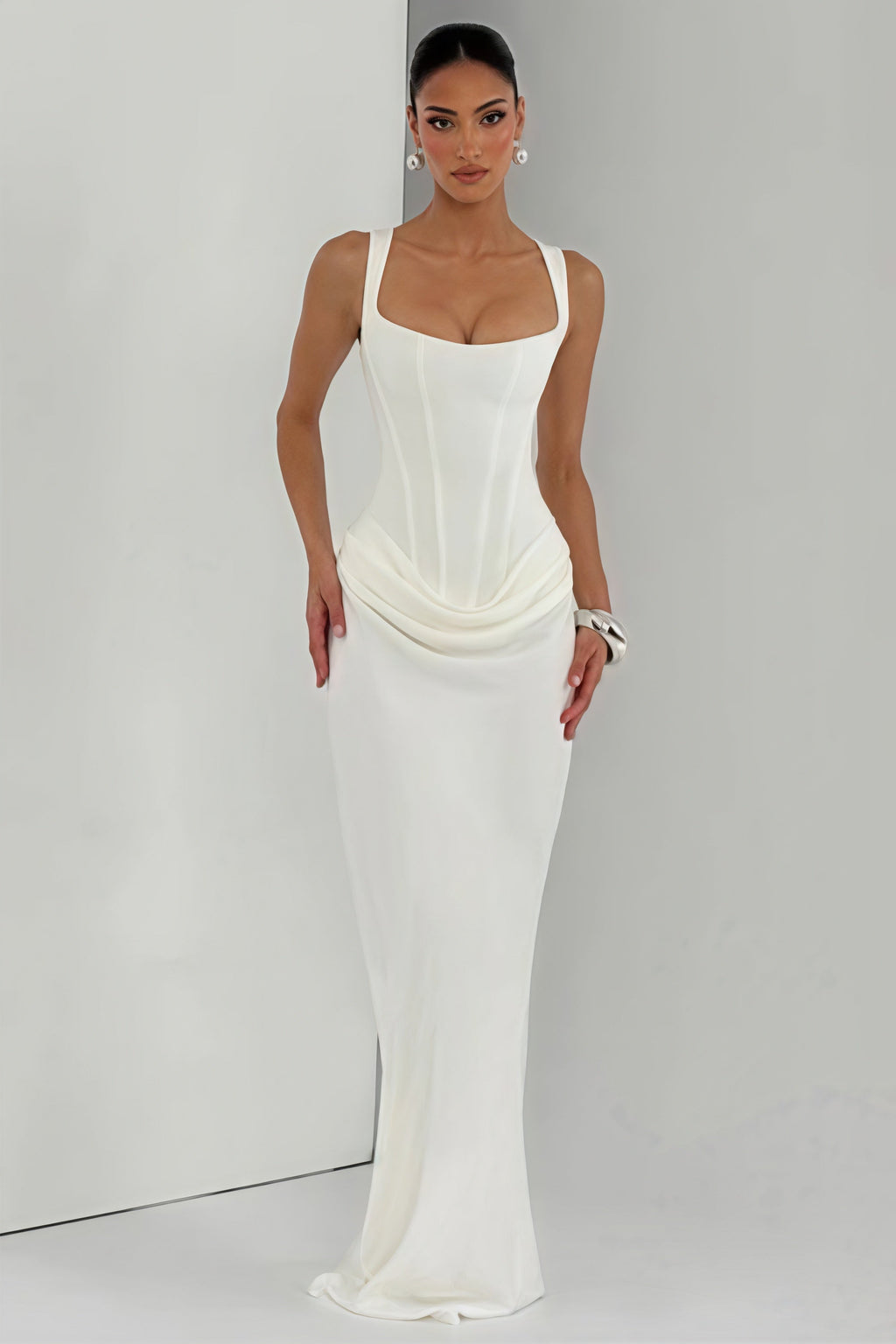Ruched Spaghetti-Strap Waist-Cinch Bodycon Maxi Dress