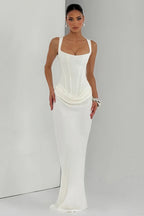 Ruched Spaghetti-Strap Waist-Cinch Bodycon Maxi Dress