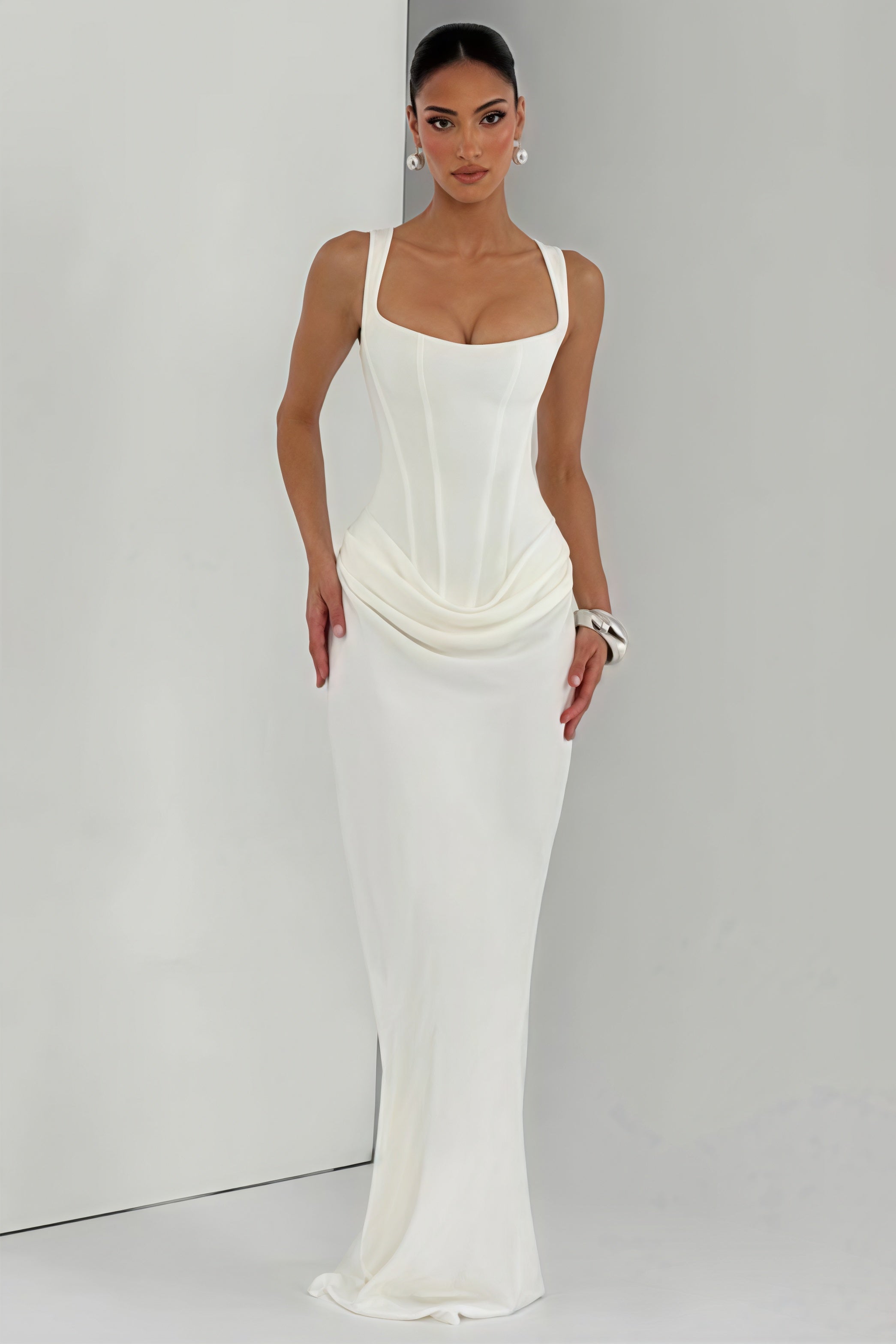 Ruched Spaghetti-Strap Waist-Cinch Bodycon Maxi Dress