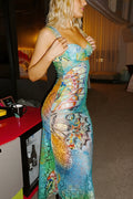 Lace-Print Backless Bodycon Maxi Dress