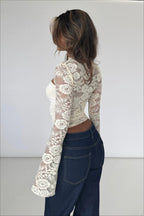 Lace-Splice Cutout Long-Sleeve Top