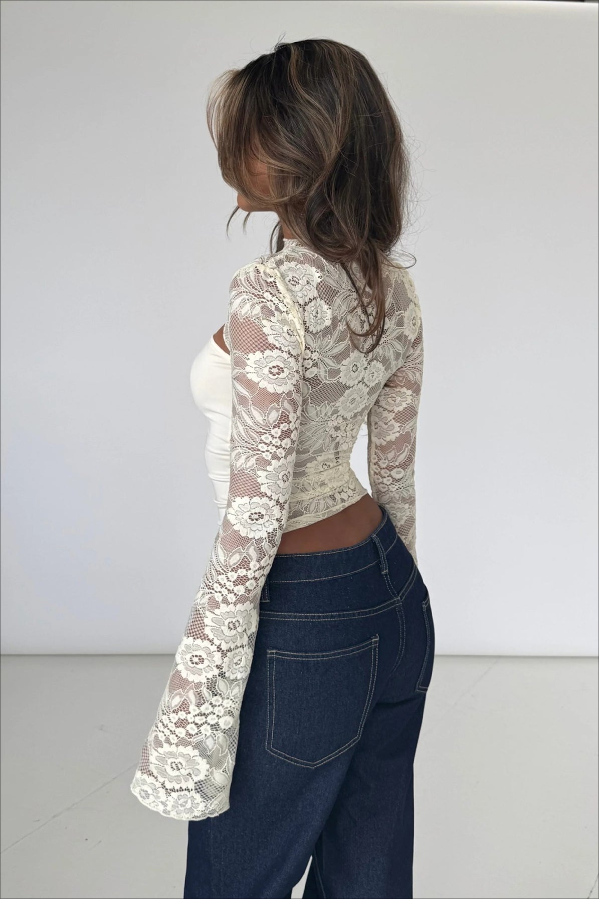 Lace-Splice Cutout Long-Sleeve Top