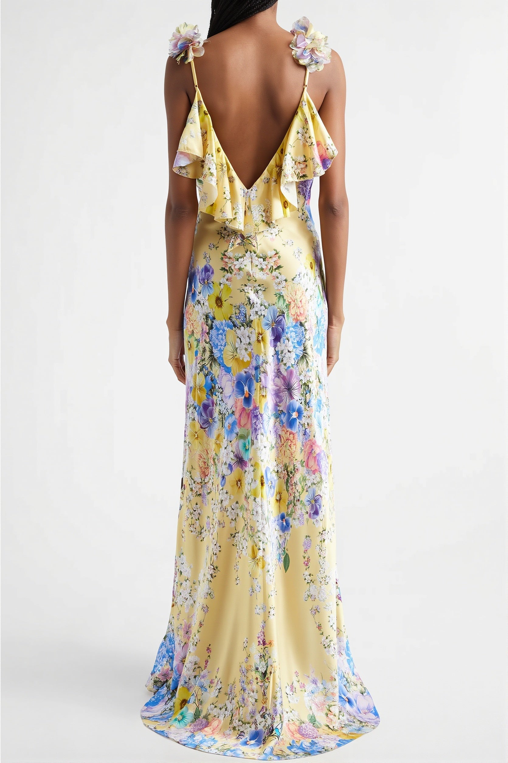 Floral Ruffle-Strap Backless Maxi Dress