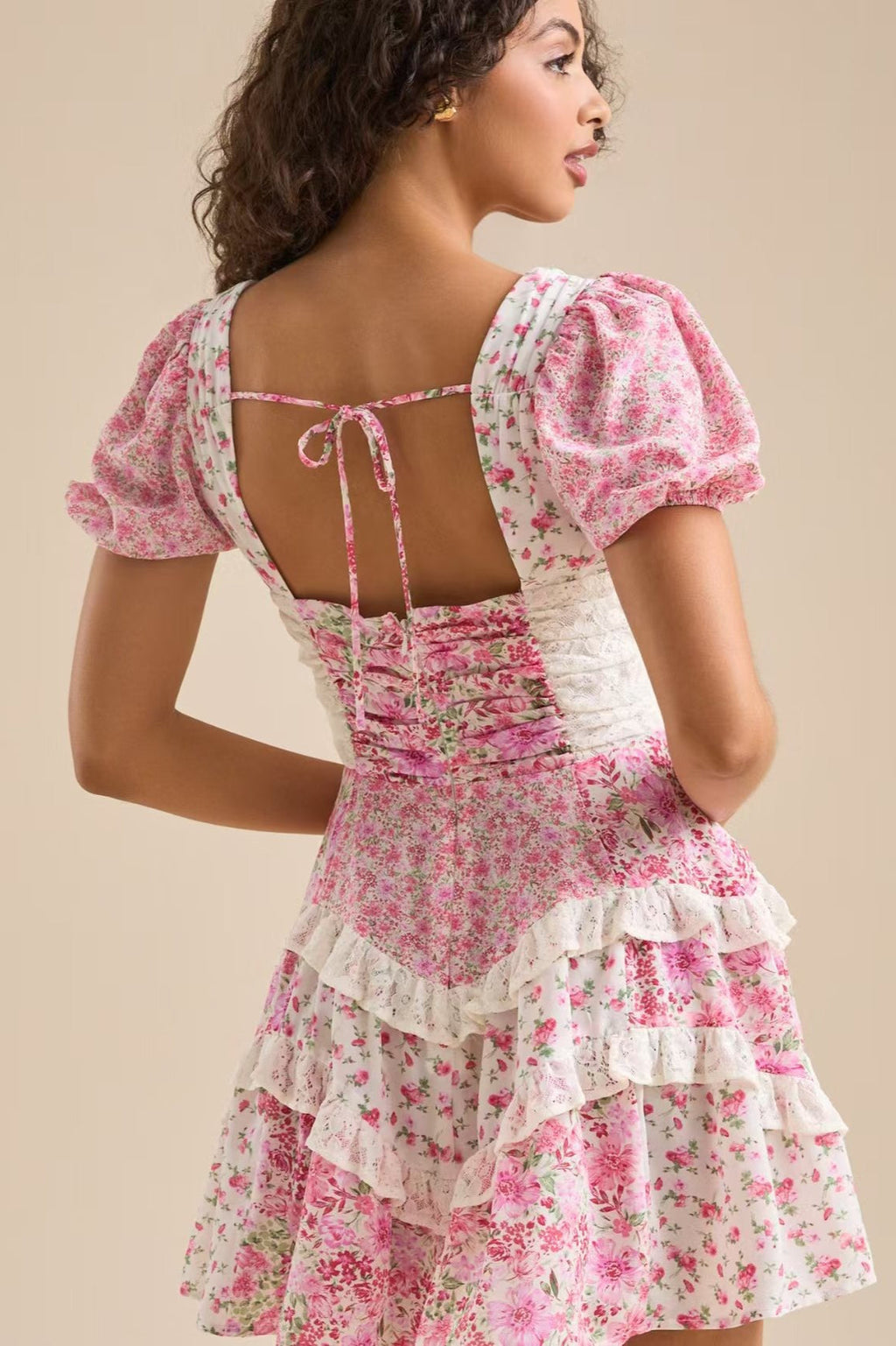 Floral Lace-Patchwork Puff-Sleeve Mini Dress