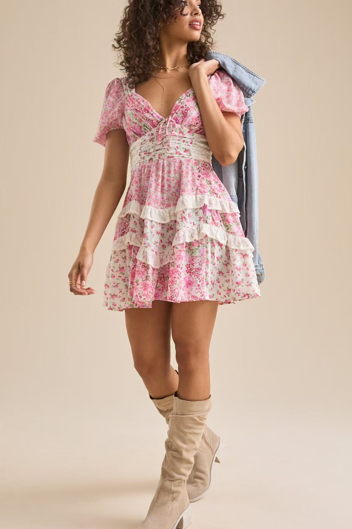 Floral Lace-Patchwork Puff-Sleeve Mini Dress