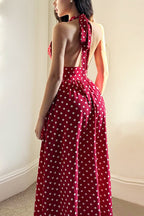 Red Polka Dot Halter Backless Maxi Dress
