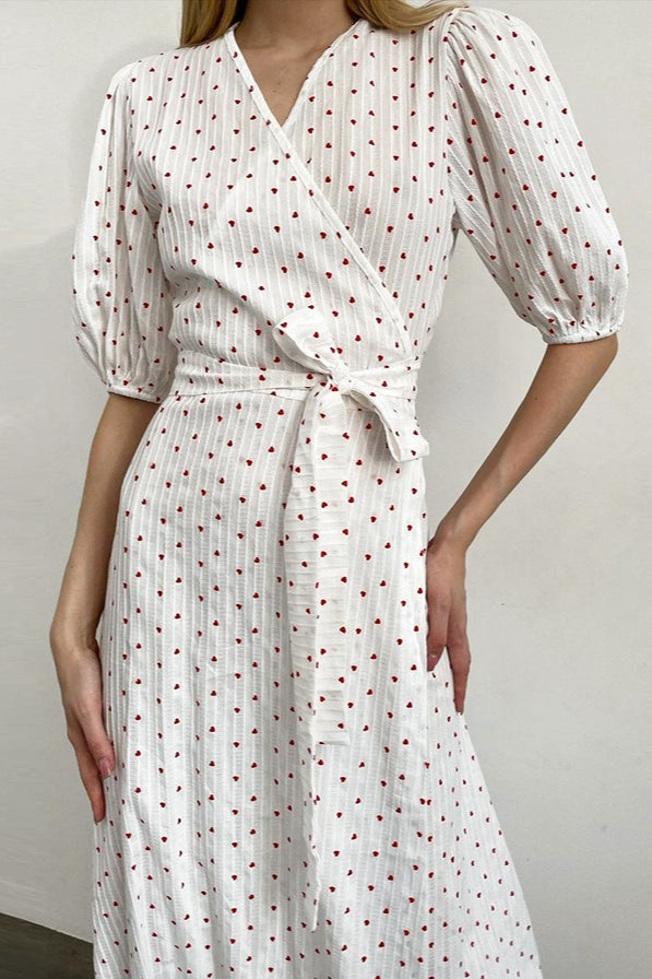 Heart-Print V-Neck Wrap Maxi Dress