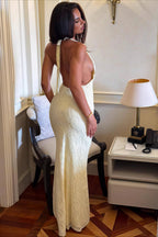 Lace Halter Tie-Back Bodycon Maxi Dress