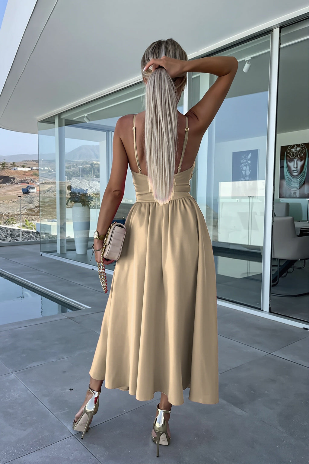 Deep-V Cutout Cami Swing Maxi Dress
