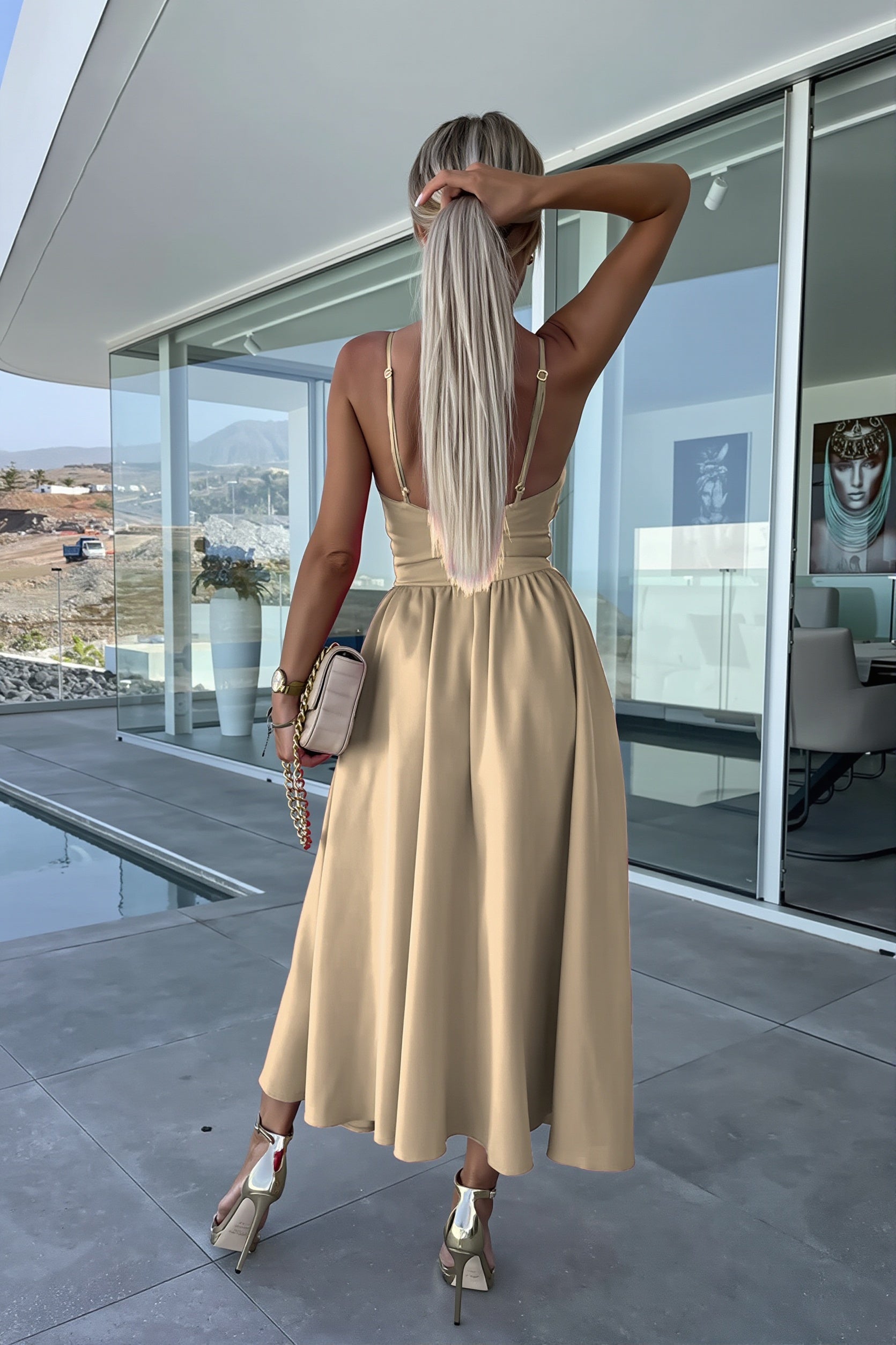 Deep-V Cutout Cami Swing Maxi Dress