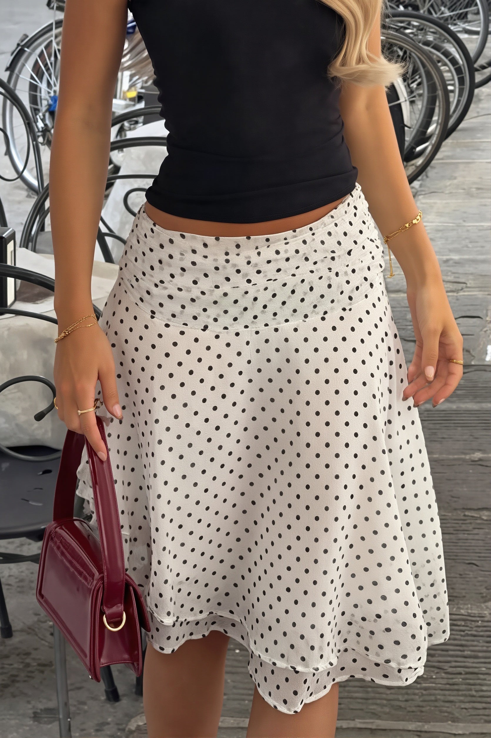 Dot-Print Asymmetric Mini Skirt