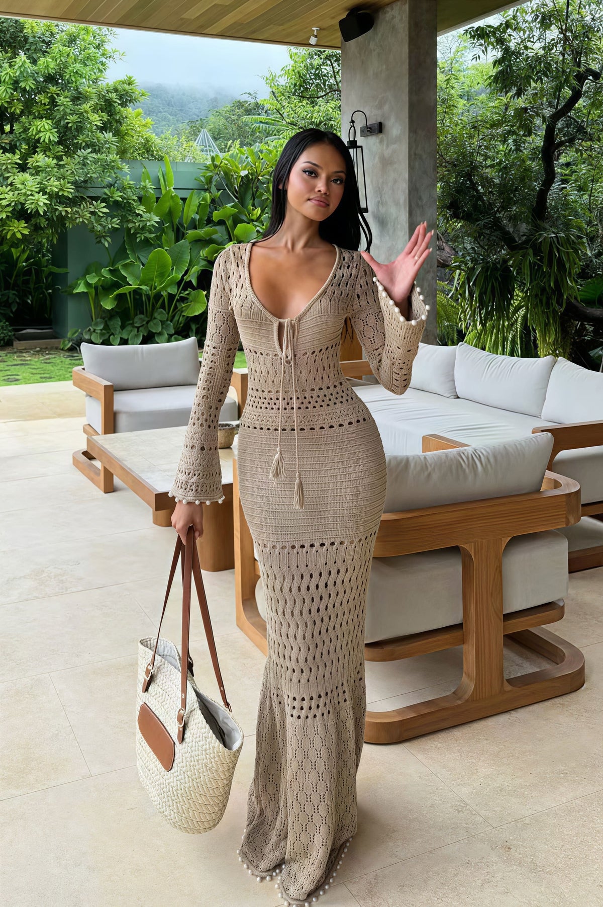 Ribbed-Knit V-Neck Waist-Cinch Maxi Dress