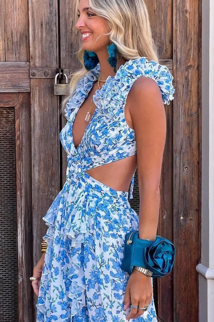 Floral Ruffle-Trim Deep-V Dress