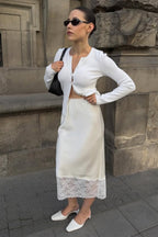 Satin Lace-Trim Bodycon Skirt