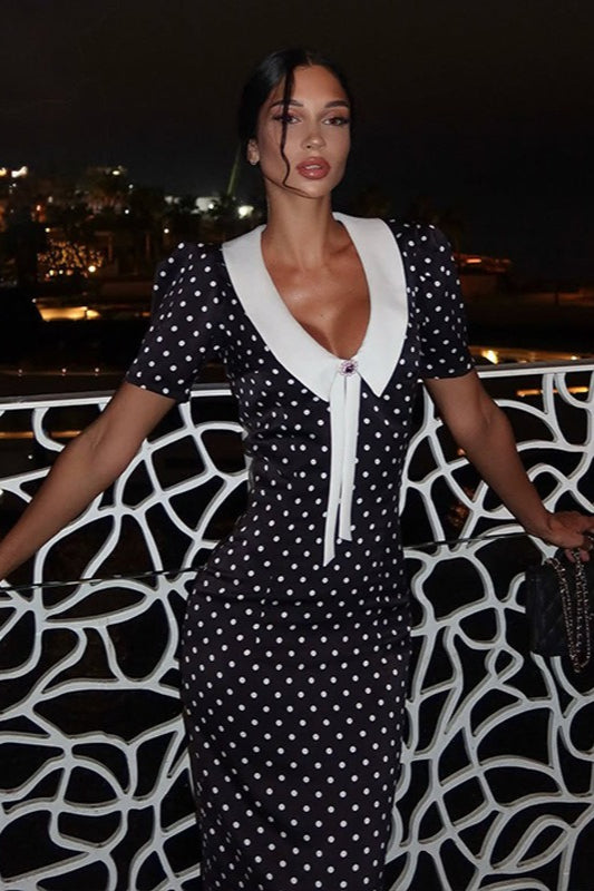 Polka Dot Puff-Sleeve V-Neck Maxi Dress