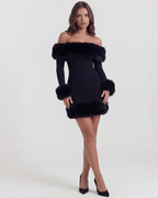Bella Black Faux-Fur Off-Shoulder Mini Dress