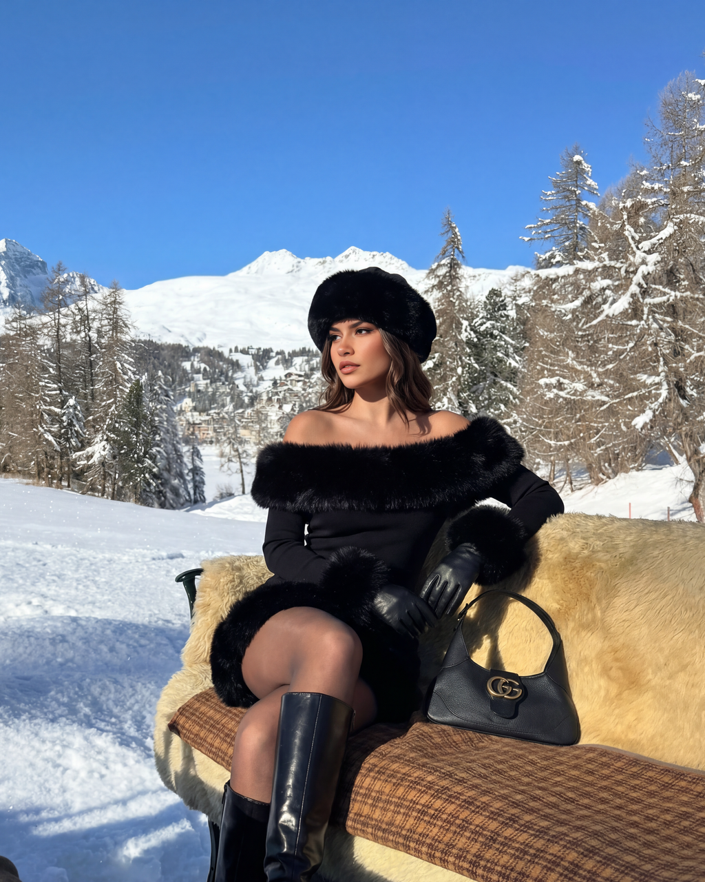 Bella Black Faux-Fur Off-Shoulder Mini Dress