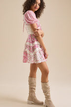 Floral Lace-Patchwork Puff-Sleeve Mini Dress