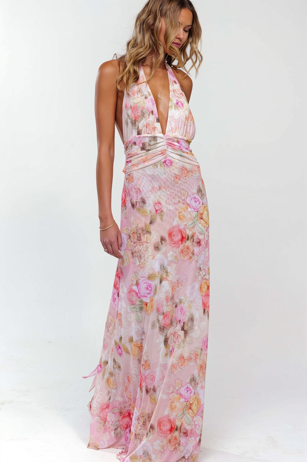 Printed Halter Backless Slim Maxi Dress