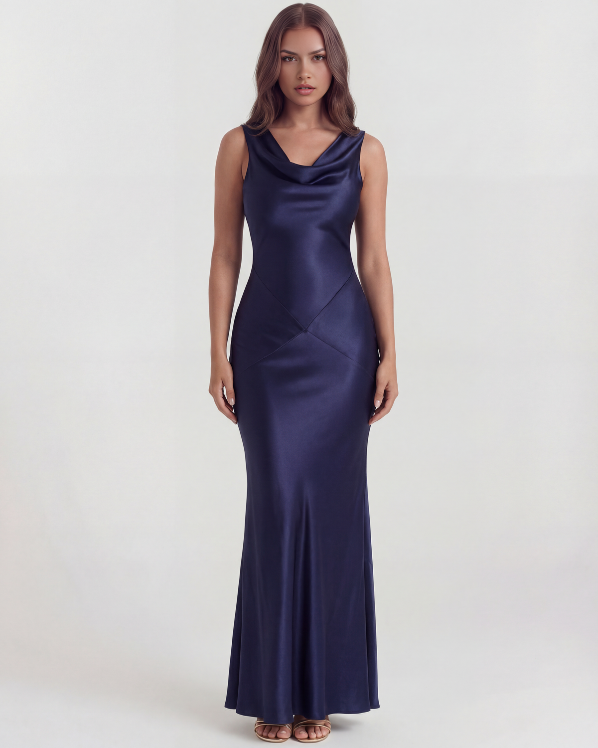 Sapphire Satin Cowl-Neck Maxi Dress