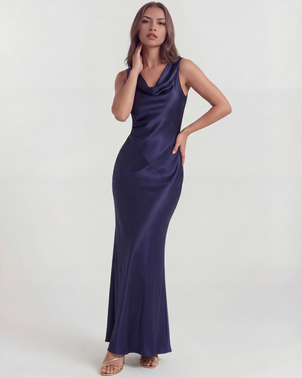 Sapphire Satin Cowl-Neck Maxi Dress