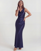 Sapphire Satin Cowl-Neck Maxi Dress