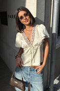Lace-Satin Splice Tie Blouse
