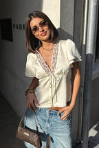 Lace-Satin Splice Tie Blouse