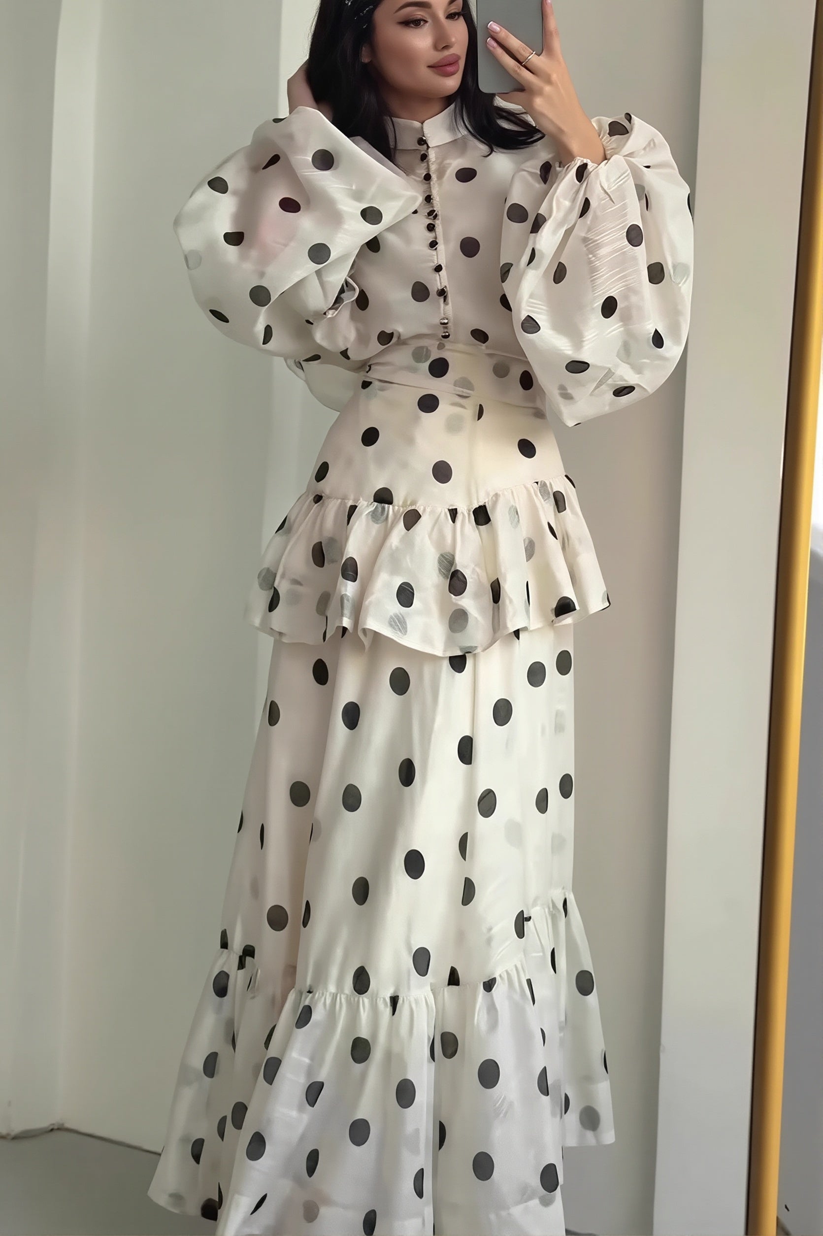 Sheer Polka Dot Long-Sleeve Maxi Dress